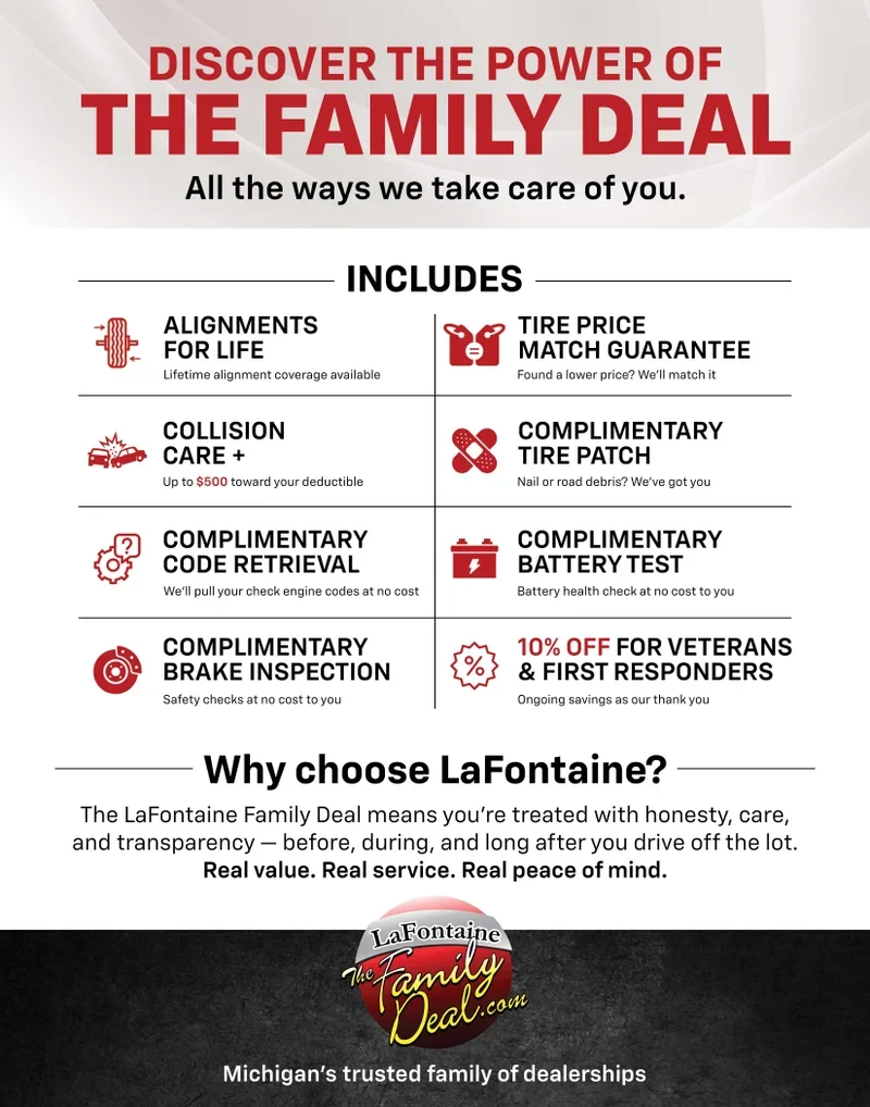 LaFontaine Family Deal benefits: Alignments for life, tire price match, collision care, code retrieval, and brake inspection.